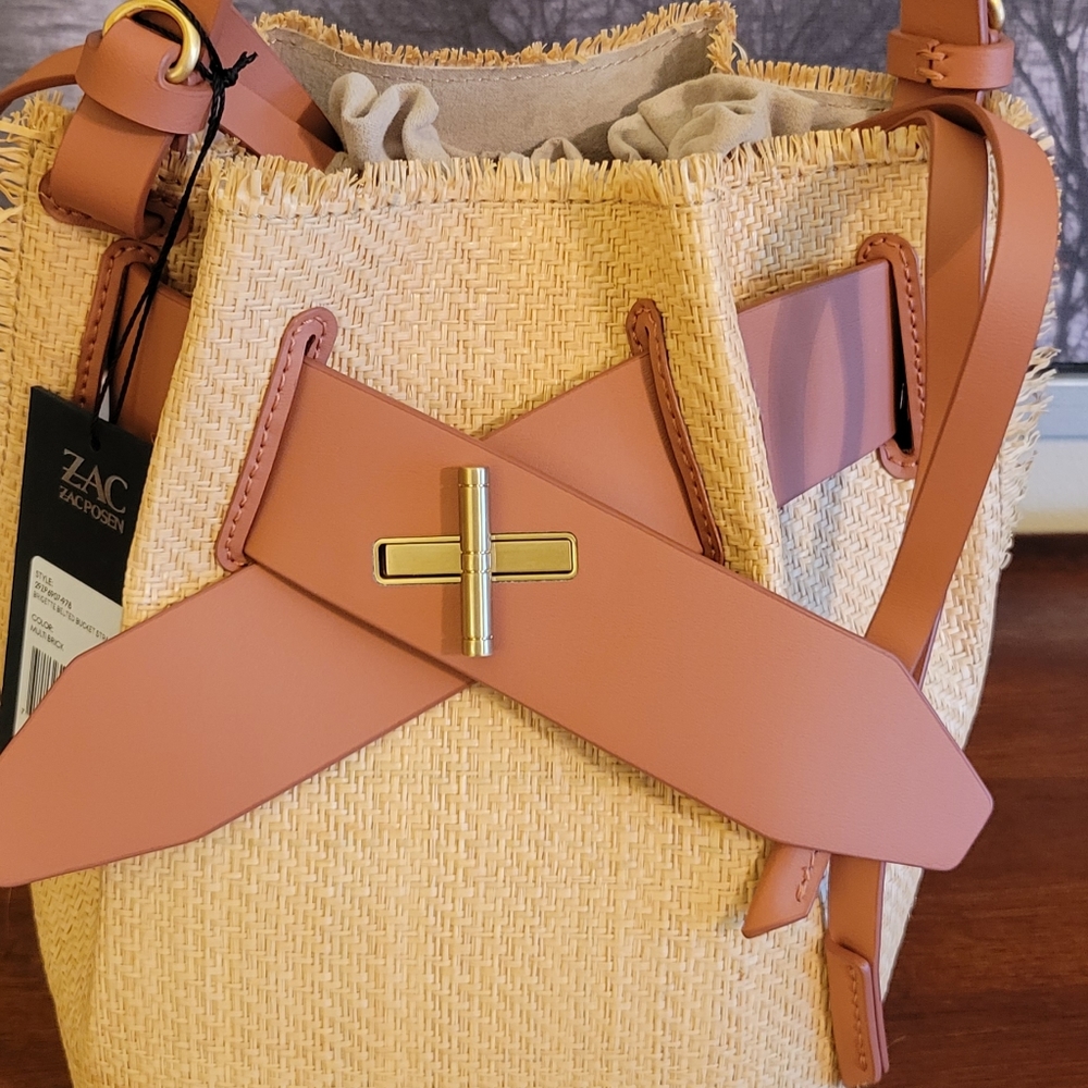 Zac Posen Brigette Belted Raffia Leather Bucket Bag - Picture 2 of 12